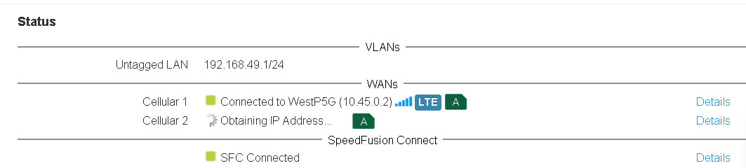 Peplink BR2 Pro status page showing Cellular 1 connected to WestP5G